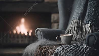 Cozy armchair with steaming coffee and warm fireplace glow for ultimate relaxation
