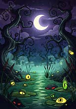 Spooky swampy pond with glowing eyes and shadows under crescent moon night, cartoon