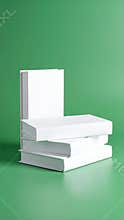Four blank white books stacked on a vibrant green background with one standing upright