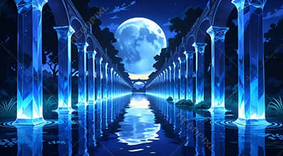 Crystal Corridor with Moonlight. A transparent anime-style archway reflected in the lake.