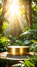 Golden stage in lush green forest with sun rays, nature background.