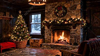 Cozy Christmas decorated living room with a lit tree and a warm stone fireplace in a rustic cabin setting.