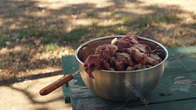 Marinated meat with onion in metal bowl and skewer