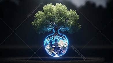 The roots of a tree protectively surround the earth. Concept of nature conservation