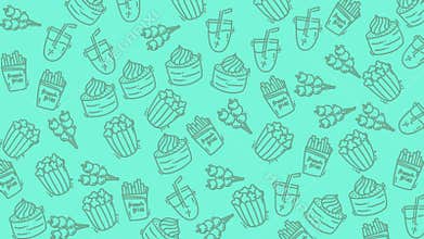 Bright teal backdrop featuring a variety of food icons in minimalistic line art style.