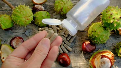 Horse chestnut tincture and supplements. Selective focus.