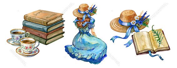 Watercolor cottagecore set with vintage books, floral teacups, a girl in a blue dress, a straw hat with daisies, and an open