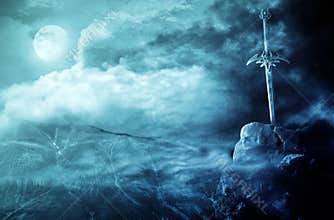Fantasy landscape and sword