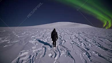 solo trekker walking on snow under aurora borealis across wide frozen plain, deep footprints leading to distant ridge