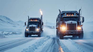 Heavy Trucks Transport Goods, Convoy Moves Vital Cargo Through Winter Terrain