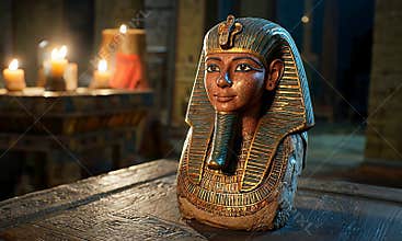 Ancient Egyptian Pharaoh Bust with Golden Headdress and Flickering Candles in Dark Temple