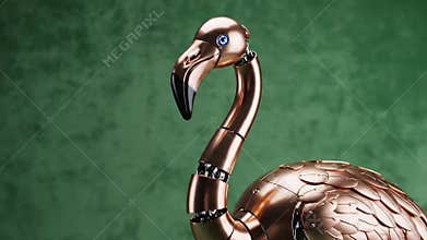 Ornate Mechanical Flamingo Sculpture on Green Velvet Backdrop. Steampunk Style Bird with Rivets, Gears and Metallic Finish