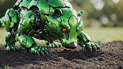 Animated Green Metallic Cybernetic Bear Prowling on Dirt in Natural Environment with Blurry Green Meadow Background Under Bright