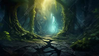 Ethereal Reclaiming of a Corrupted Wasteland Forest with Glowing Moss and Cracked Earth Ground