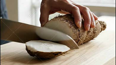 Cutting cassava root in a kitchen preparing for a meal