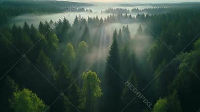 Mist and sunbeams filtering through dense evergreen forest
