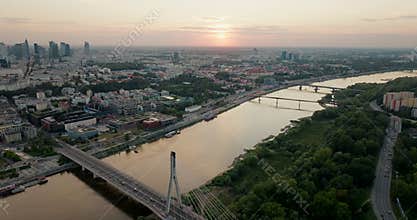 Extreme wide aerial Warsaw Vistula River with multiple bridges and skyline