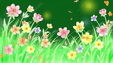 Bright Spring Meadow of Blushing Flowers and Fluttering Butterflies Under Soft Morning Light