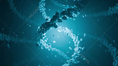 Looped animation of abstract dna helix made of floating blue spheres forming a spiral structure