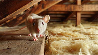 Mice Exploring a Wooden Attic Filled With Soft Insulation in an Old House During Daylight Hours