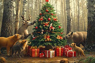 Magic of Christmas in a forest surrounded by joyful animals and gifts
