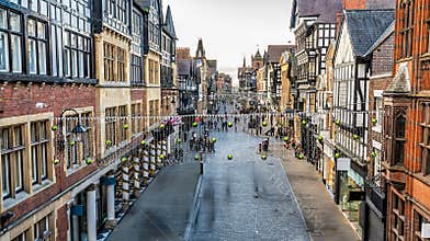 A view from the city walls west up Eastgate Street in the city of Chester