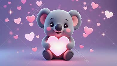 Cute 3D Animated Baby Koala Holding Glowing Pink Heart with Floating Hearts and Sparkles on Purple Background