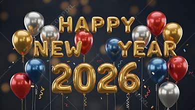 A festive image featuring a "Happy New Year 2026" message in gold balloon letters