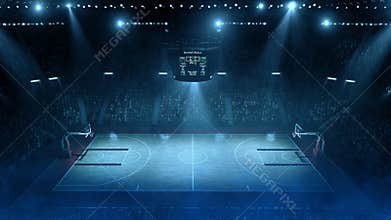 Empty Basketball Court Arena with Blue Spotlights and Scoreboard