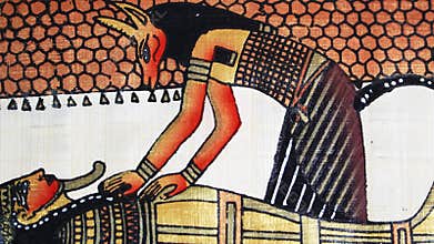 Ancient Egyptian mummification scene on papyrus, priest performing ritual on mummy, hieratic art, funeral ceremony, religious