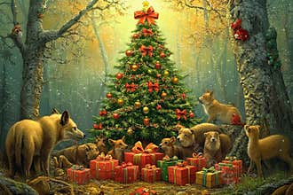 Magic of Christmas in a forest surrounded by joyful animals and gifts