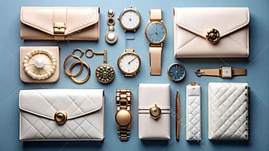 Luxury accessories collection: handbags, watches, jewelry arranged on a blue surface