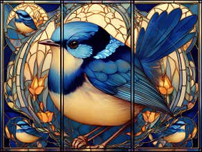 Centered watercolor blue wren in stained glass panel, feminine fine art style, light from center highlighting bird, intricate dark