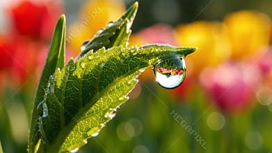 Dew Drop on Leaf with Tulip Field Reflection Macro