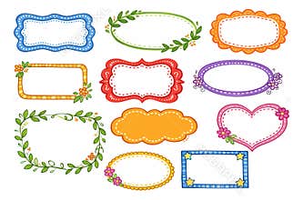 Hand drawn colorful frames and borders set featuring various shapes and decorative elements for messages and announcements