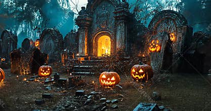 Eerie cemetery illuminated by Jack-o\'-lanterns, perfect for halloween night scenes