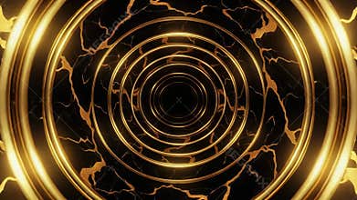 Golden concentric rings glow against a black and gold crackle pattern, creating a luxurious abstract tunnel that draws the viewer