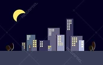 Night city buildings silhouettes