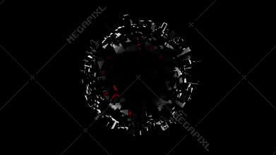 Seamless loop animation of dark fragmented sphere made of black metallic shards with red inner light