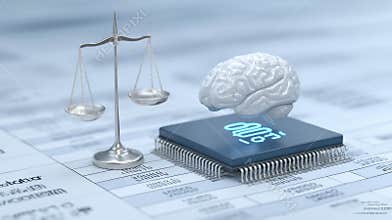 Concept of Ethical Dilemma in Bioethics Showing a Brain and Microchip on a Scale With Medical Charts in Background