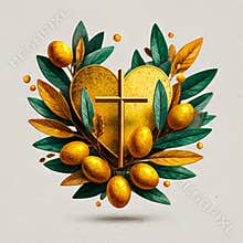 Heart?shaped wreath of olive branches in watercolor cartoon style, with a cross motif for decorative and celebratory