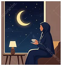 Muslim woman with hijab drinking coffee by the window at night. Serene vector for Ramadan, mindfulness, and relaxation designs.