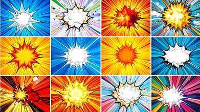 Colorful comic book explosion backgrounds with radial burst effect and blank speech bubbles