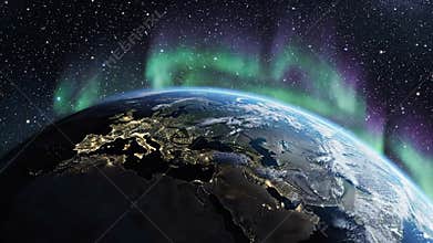 Earth at night showing illuminated europe and middle east coastlines beneath green aurora borealis and starry space sky, curved