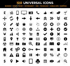 Big set of 100 universal black flat icons - business, office, finance, environment and technology