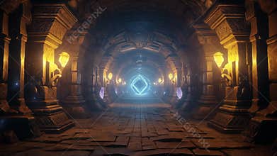 Ancient temple corridor reveals a glowing blue energy artifact at its end, hinting at a hidden power or portal, beckoning