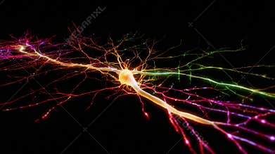 An Artistic Visualization of a Neuron with Colorful Dendrites and Axon, Highlighting the Complexity and Beauty of Neural