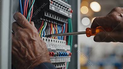 Electrician\'s Hands Working on a Circuit Breaker Panel with Wires, electrical maintenance concept