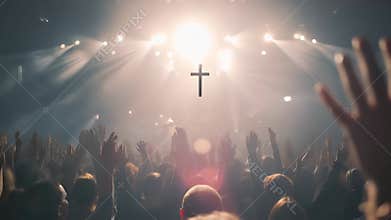 Audience with raised hands worships during a concert in a dimly lit venue, illuminated by bright stage lights and a