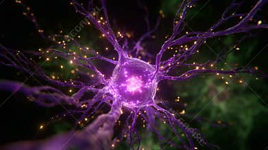 Stunning Close-up View of a Neuron with Glowing Synapses, Showcasing Complex Network of Dendrites and Axon in Vibrant Purple and